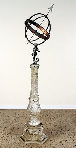 ANTIQUE IRON ARMILLARY ON CARVED