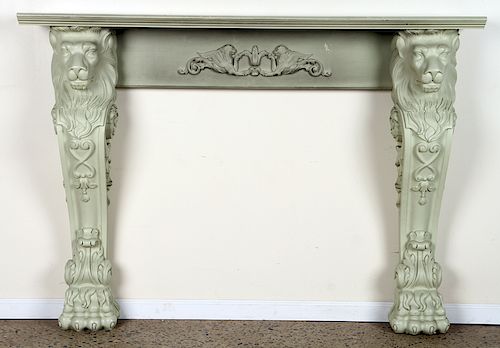 WHITE PAINTED WOOD LION FIREPLACE