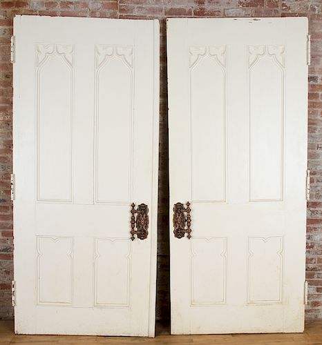 LARGE PAIR PAINTED OAK GOTHIC DOORS 38aec3