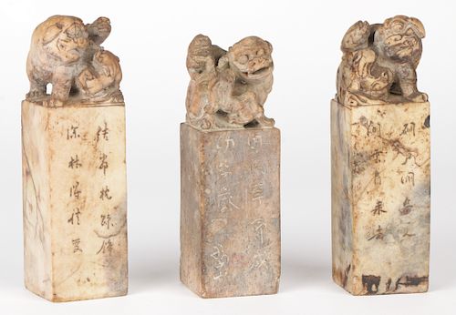 THREE CHINESE HARDSTONE CHOP SEALSThree