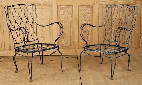 PAIR PAINTED BLUE IRON GARDEN CHAIRS 38aed2