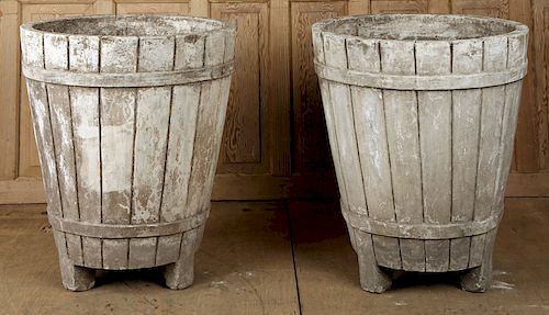 PAIR BARREL FORM CAST STONE PLANTERS