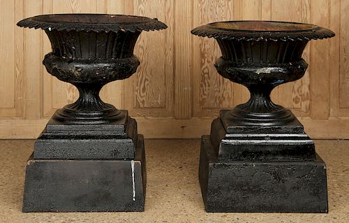 PAIR CAST IRON GARDEN URNS AND