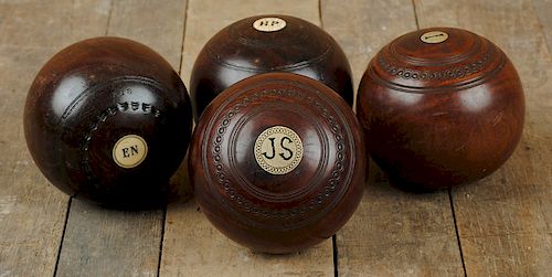 FOUR ENGLISH LAWN BOWLING TREEN BALLSA