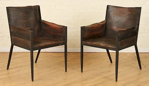 PAIR IRON LEATHER CHAIRS MANNER