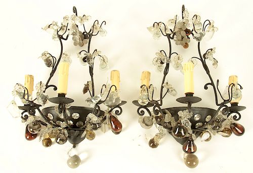 PAIR FRENCH IRON CRYSTAL WALL SCONCES