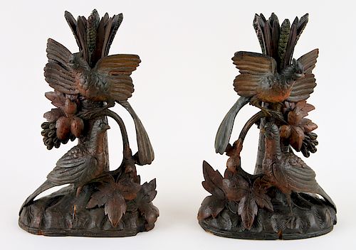 PAIR BLACK FOREST CARVED WOOD CANDLESTICKS