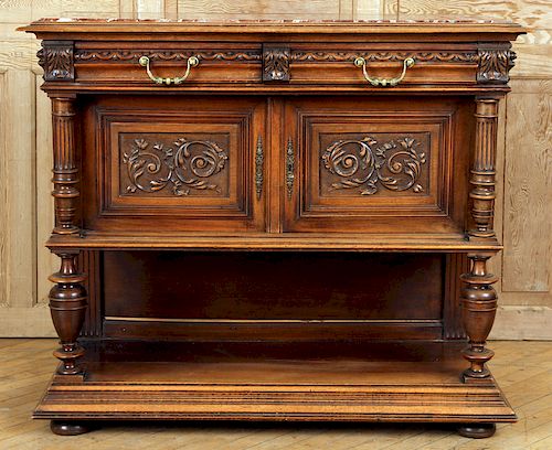 MARBLE TOP FRENCH CARVED WALNUT