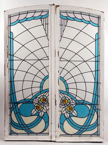 PAIR FRENCH ART DECO STAINED GLASS 38b2e6