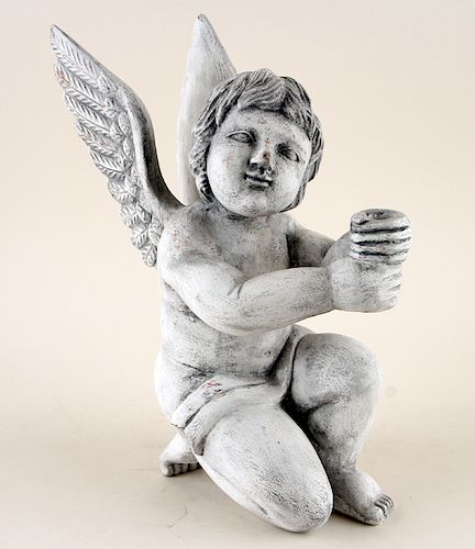 A PAINTED WOOD PUTTI UNMARKEDA