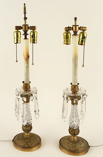 PAIR CUT CRYSTAL BRASS TWO LIGHT 38b352