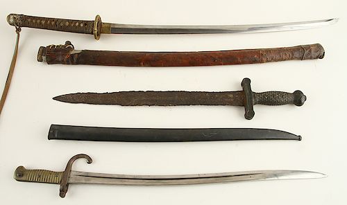 THREE ANTIQUE BLADED WEAPONS SWORDS