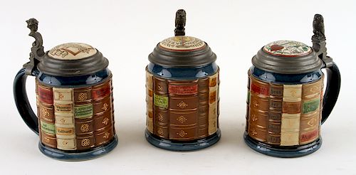 THREE GERMAN METTLACH LIDDED BEER STEINS