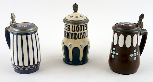 THREE GERMAN METTLACH LIDDED BEER