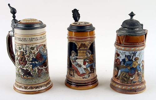 THREE GERMAN METTLACH LIDDED BEER 38b4c3