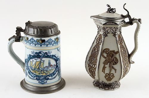 TWO GERMAN PORCELAIN LIDDED BEER