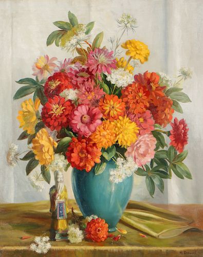 MURIEL GERNAND "ZINNIAS IN A BLUE