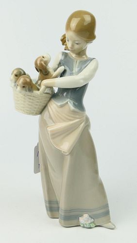 LLADRO GIRL WITH BASKET OF PUPPIES