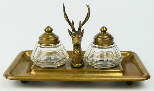 ANTIQUE BRASS INK WELL WITH STAG 38b735