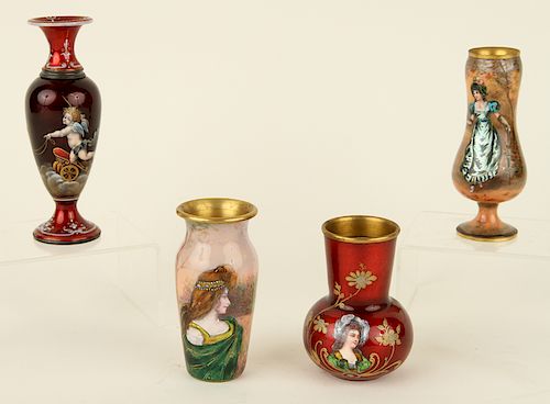 4 FRENCH ENAMEL ON COPPER VASES