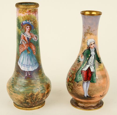 TWO FRENCH ENAMEL ON COPPER VASES