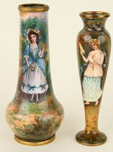 TWO FRENCH ENAMEL ON COPPER VASES 38b8a8
