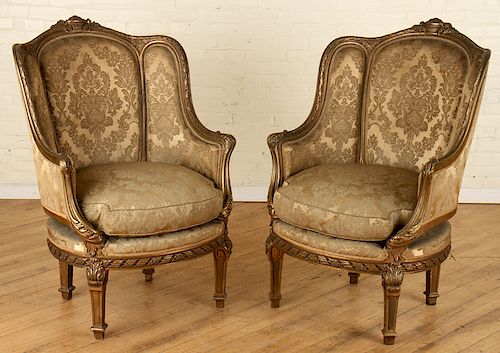 PAIR FRENCH LOUIS XVI GILT WOOD BERGERE