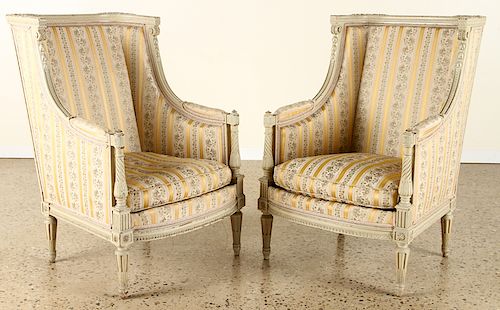 PAIR FRENCH CARVED UPHOLSTERED BERGERE