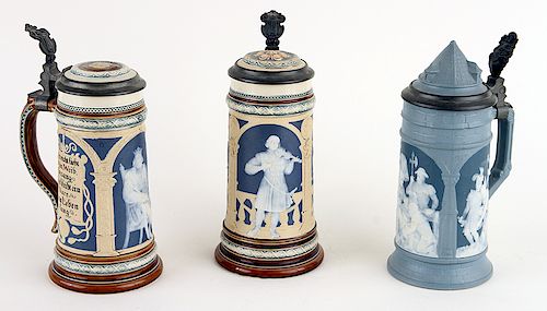 3 MARKED GERMAN METTLACH PORCELAIN BEER