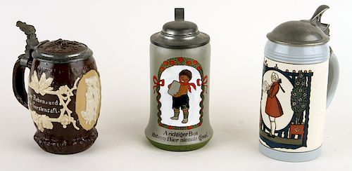 3 GERMAN METTLACH PORCELAIN LIDDED BEER