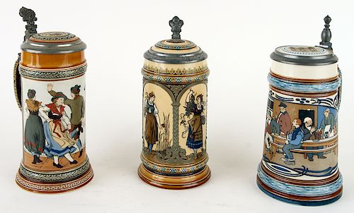 3 MARKED GERMAN MATTLACH PORCELAIN BEER