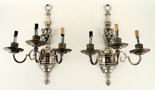 PAIR SILVERED BRONZE WALL SCONCES 38bc88