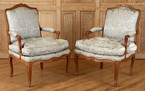 PAIR 19TH C. CARVED WALNUT FAUTEUILS