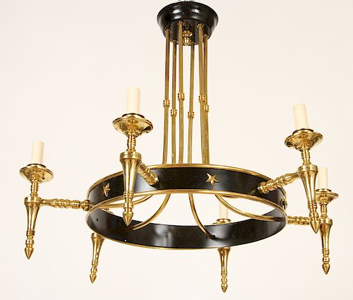 RESTORED 6 ARM JANSEN BRASS CHANDELIER