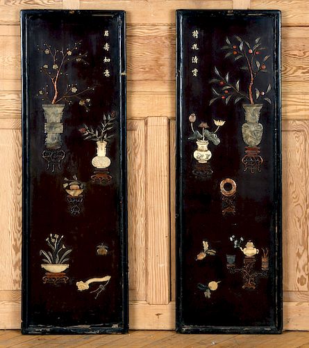 PAIR CHINESE WOOD PANELS HARDSTONE