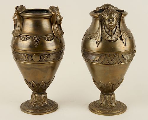 PAIR BRONZE URNS EGYPTIAN MOTIF 38bd00