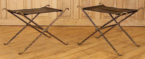 PAIR BRONZE LEATHER FOLDING STOOLS 38c175