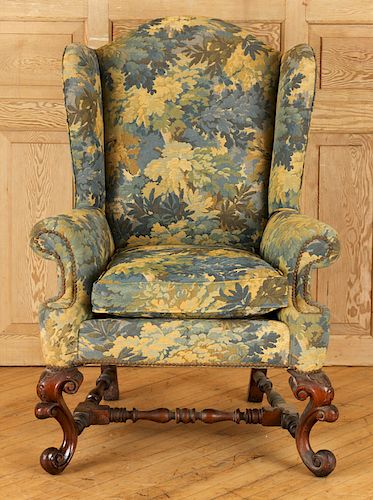 CARVED MAHOGANY BAROQUE WING CHAIR 38c1a7
