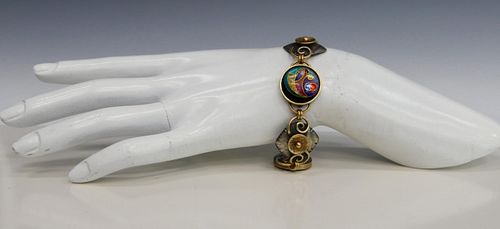 UNUSUAL 14KT Y. GOLD SILVER & ENAMELED