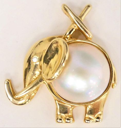 14 KT Y GOLD AND MOBE PEARL ELEPHANT