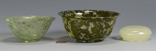 2 CARVED JADE BOWLS AND COVERED 389d1f