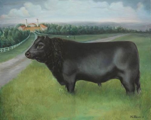 FOLK ART OIL ON CANVAS OF BULL  389d52