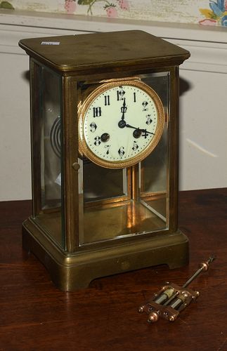 BRASS AND GLASS SHELF CLOCK, MADE