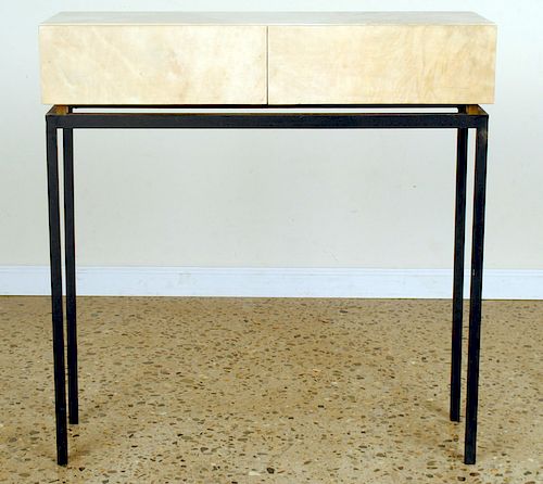 TWO DRAWER PARCHMENT COVERED CONSOLE