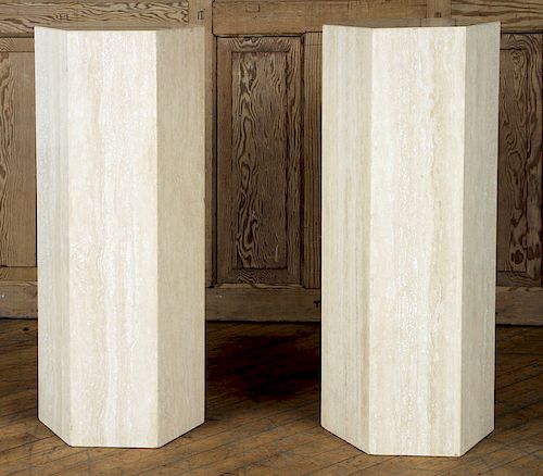 PAIR SIX-SIDED TRAVERTINE PEDESTALS