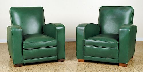 PAIR ART DECO GREEN LEATHER LOUNGE 38a022