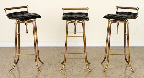 SET 3 BRASS AND LEATHER SWIVEL BAR STOOLS