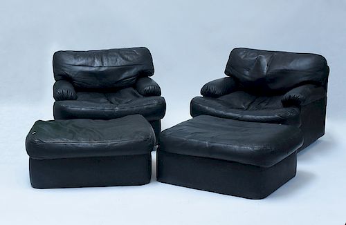 PAIR BLACK LEATHER CHAIRS AND OTTOMANSPair 38a0bc