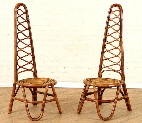 PAIR RATTAN CHAIRS HIGH BACKS WOVEN