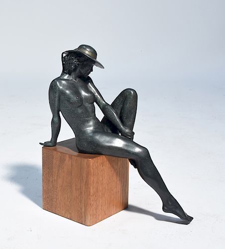 BRONZE SCULPTURE SEATED NUDE SIGNED.